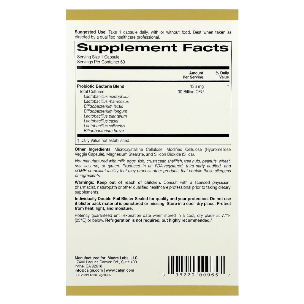 California Gold Nutrition, LactoBifÂ® 30 Probiotics, 30 Billion CFU, 60 Veggie Capsules