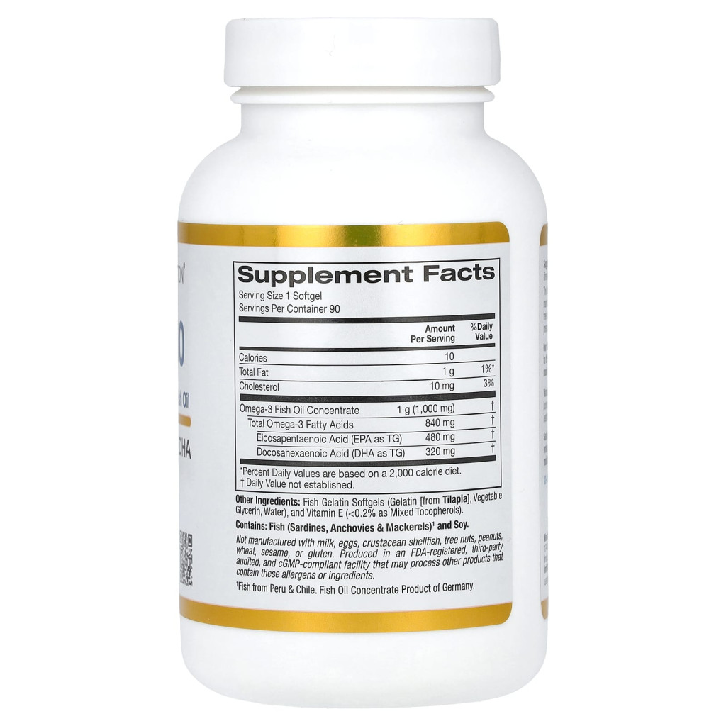 California Gold Nutrition, Omega 800 Ultra-Concentrated Omega-3 Fish Oil, kd-pur Triglyceride Form, 90 Fish Gelatin Softgels (1,000 mg Per Softgel)