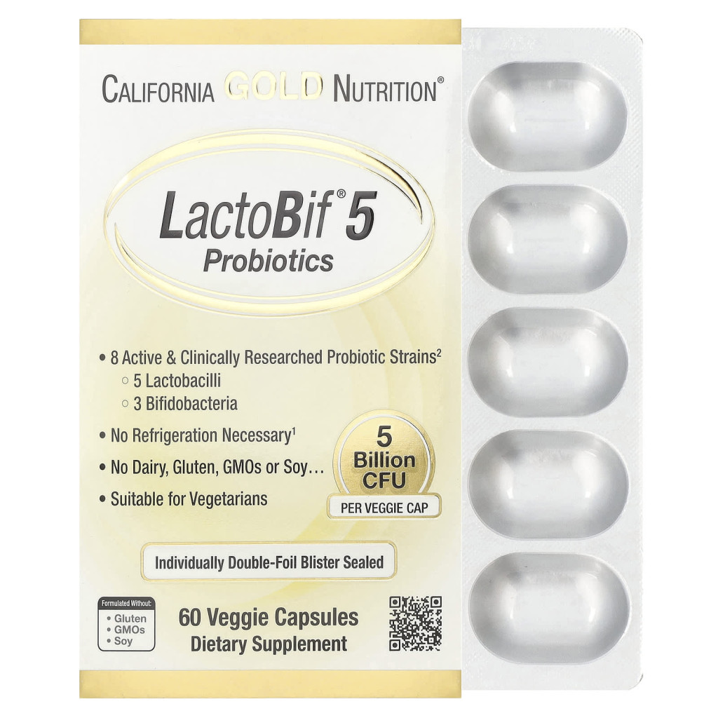 California Gold Nutrition, LactoBifÂ® 5 Probiotics, 5 Billion CFU, 60 Veggie Capsules