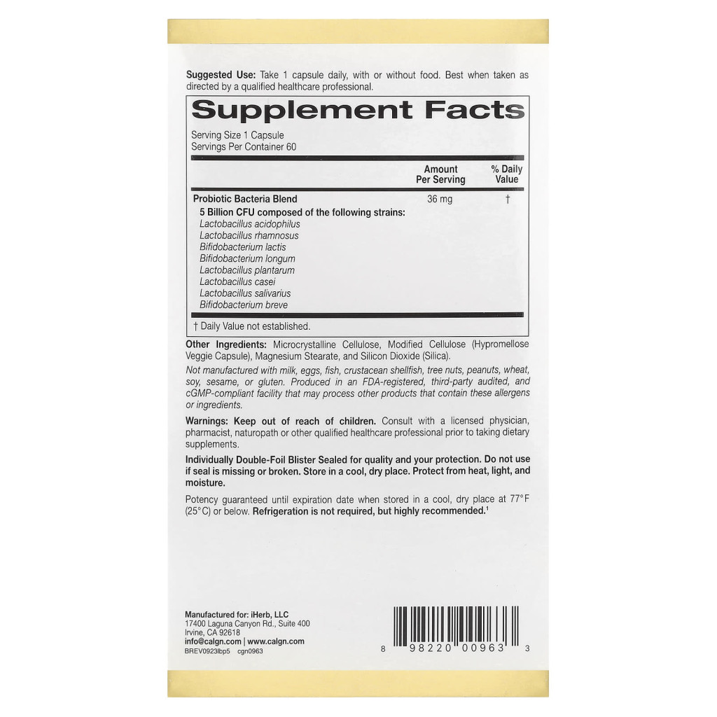 California Gold Nutrition, LactoBifÂ® 5 Probiotics, 5 Billion CFU, 60 Veggie Capsules