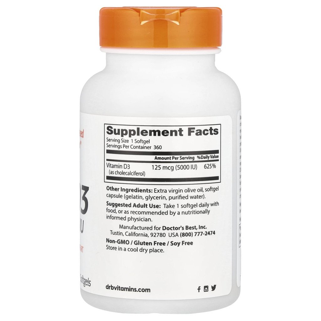 Doctor's Best, Vitamin D3, 125 mcg (5,000 IU), 360 Softgels