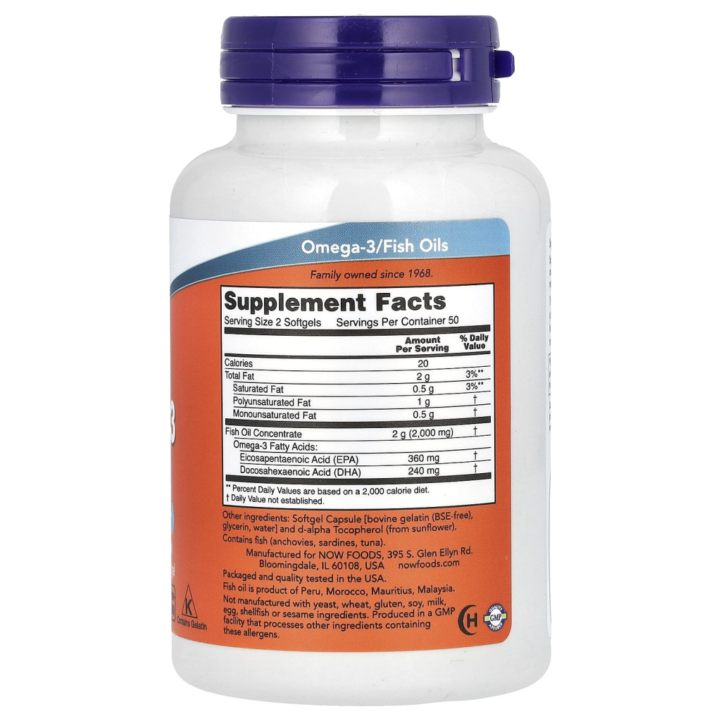 NOW Foods, Omega-3 Fish Oil, 1,000 mg, 180 EPA -  120 DHA, 100 Softgels