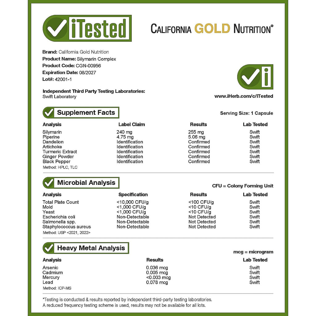 California Gold Nutrition, Silymarin Complex, Milk Thistle Extract Plus Dandelion, Artichoke, Curcumin C3 ComplexÂ®, Ginger, and BioPerineÂ®, 120 Veggie Capsules