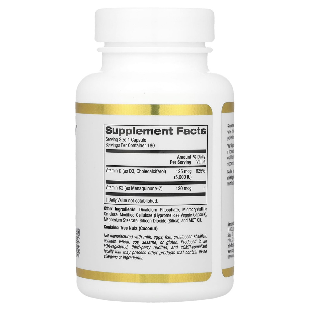 California Gold Nutrition, Vitamin D3 + K2 as MK-7, 180 Veggie Capsules