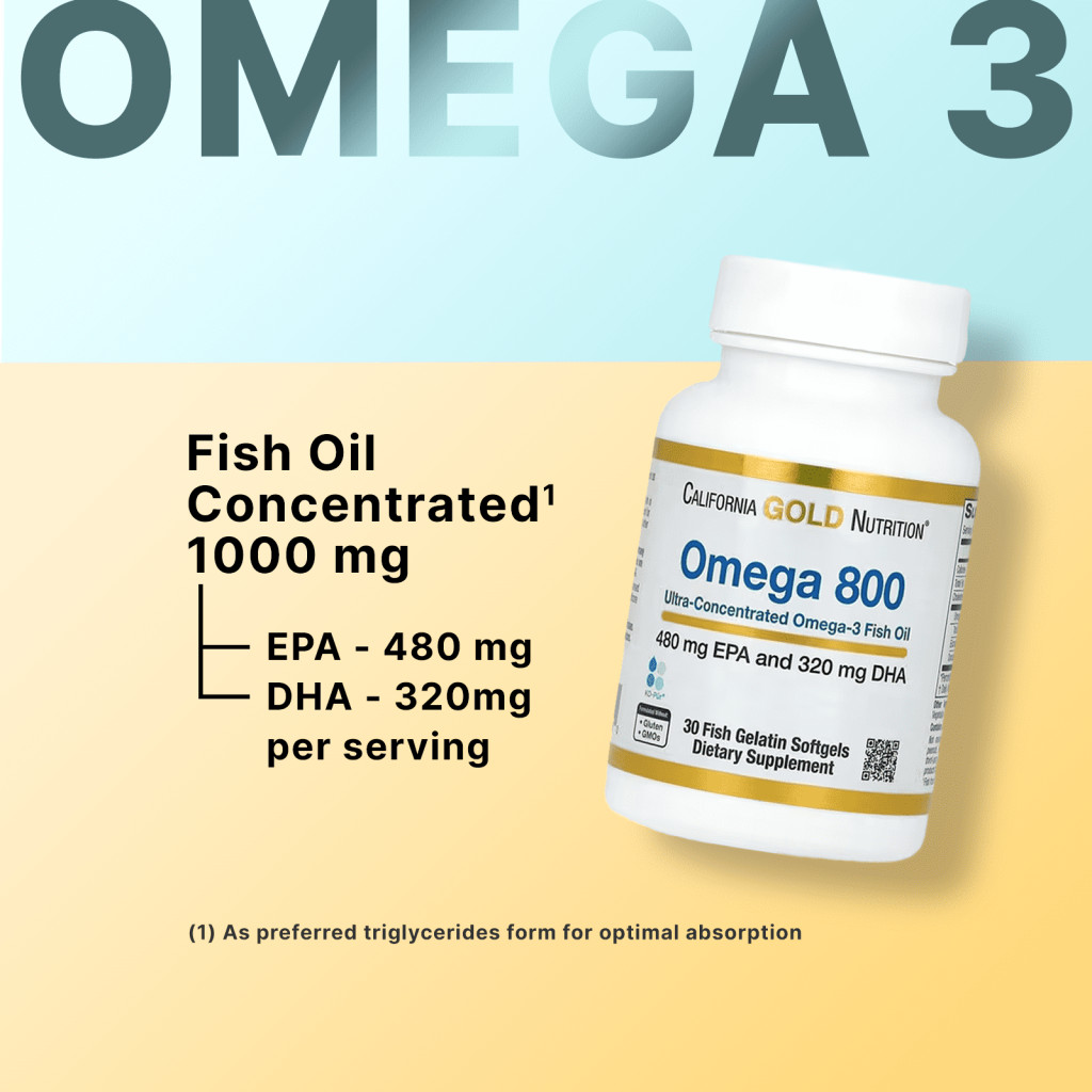 California Gold Nutrition, Omega 800 Ultra-Concentrated Omega-3 Fish Oil, kd-pur Triglyceride Form, 30 Fish Gelatin Softgels (1,000 mg Per Softgel)
